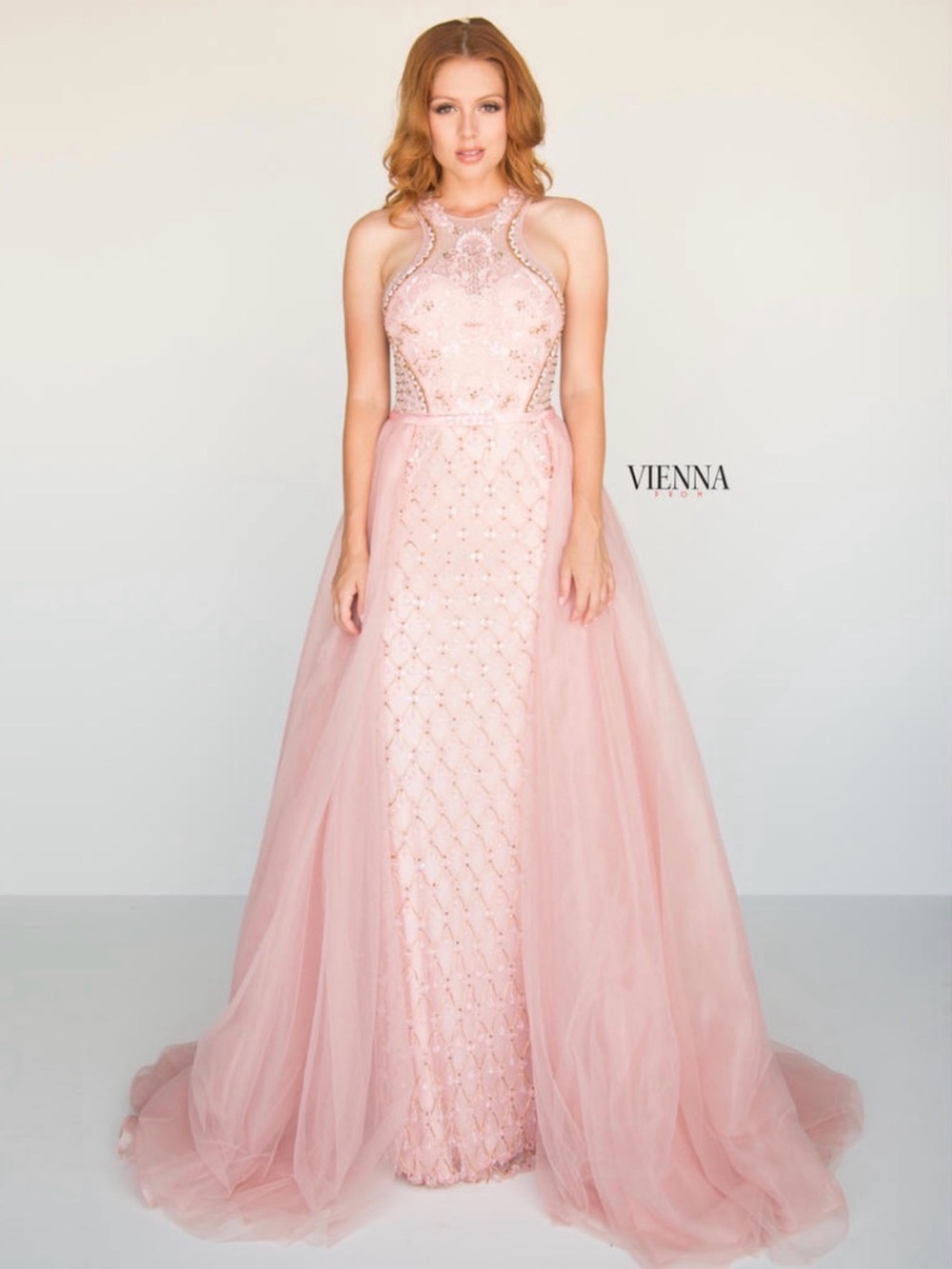 Vienna Prom Blush Pink Beaded Halter Ballgown *heavy*